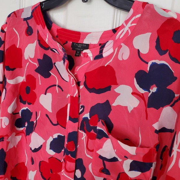 Talbots Colorful Washable Silk Floral Print Tunic Top Blouse 2X Pink Red Navy - Picture 3 of 7